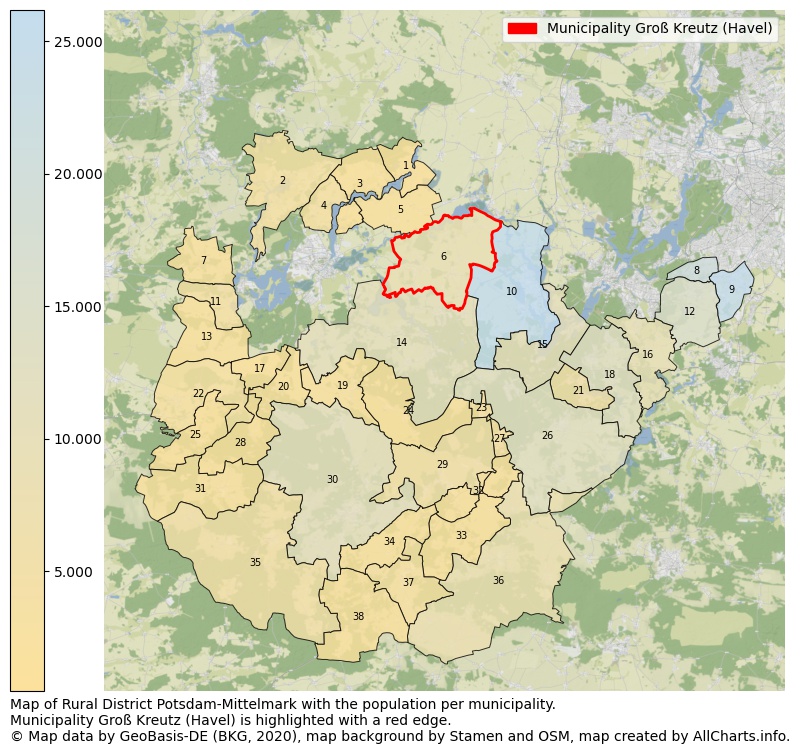 Map of Rural district Potsdam-Mittelmark with the population per municipality.Municipality Groß Kreutz (Havel) is highlighted with a red edge.. This page shows a lot of information about residents (such as the distribution by age groups, family composition, gender, native or German with an immigration background, ...), homes (numbers, types, price development, use, type of property, ...) and more (car ownership, energy consumption, ...) based on open data from the German Federal Agency for Cartography, the Federal Statistical Office (DESTATIS), the Regional Statistical Offices and various other sources!