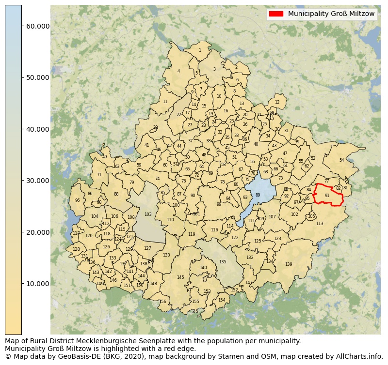 Map of Rural district Mecklenburgische Seenplatte with the population per municipality.Municipality Groß Miltzow is highlighted with a red edge.. This page shows a lot of information about residents (such as the distribution by age groups, family composition, gender, native or German with an immigration background, ...), homes (numbers, types, price development, use, type of property, ...) and more (car ownership, energy consumption, ...) based on open data from the German Federal Agency for Cartography, the Federal Statistical Office (DESTATIS), the Regional Statistical Offices and various other sources!