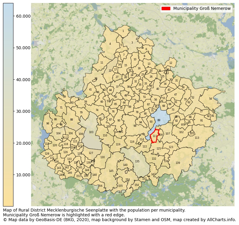 Map of Rural district Mecklenburgische Seenplatte with the population per municipality.Municipality Groß Nemerow is highlighted with a red edge.. This page shows a lot of information about residents (such as the distribution by age groups, family composition, gender, native or German with an immigration background, ...), homes (numbers, types, price development, use, type of property, ...) and more (car ownership, energy consumption, ...) based on open data from the German Federal Agency for Cartography, the Federal Statistical Office (DESTATIS), the Regional Statistical Offices and various other sources!