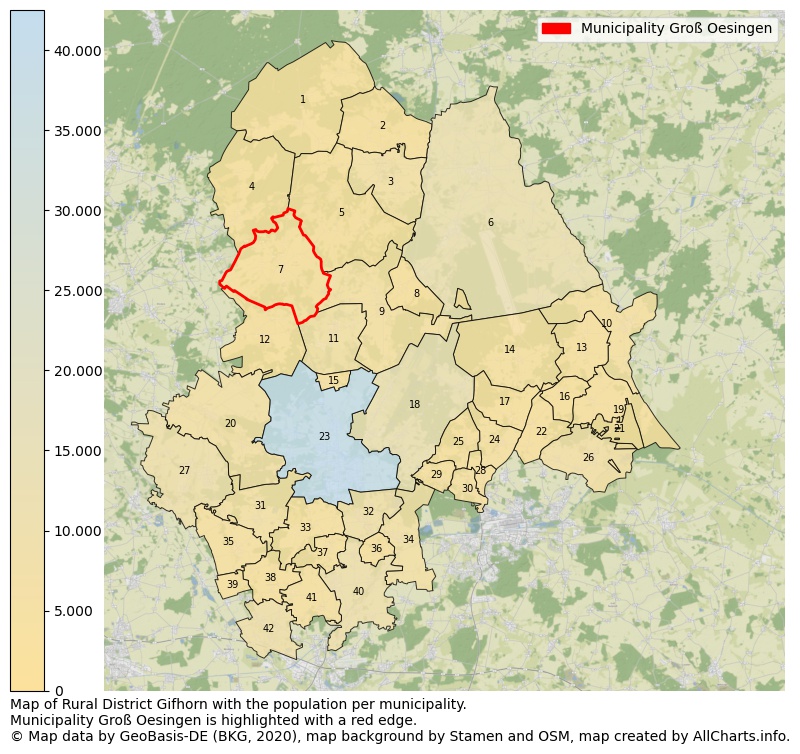 Map of Rural district Gifhorn with the population per municipality.Municipality Groß Oesingen is highlighted with a red edge.. This page shows a lot of information about residents (such as the distribution by age groups, family composition, gender, native or German with an immigration background, ...), homes (numbers, types, price development, use, type of property, ...) and more (car ownership, energy consumption, ...) based on open data from the German Federal Agency for Cartography, the Federal Statistical Office (DESTATIS), the Regional Statistical Offices and various other sources!
