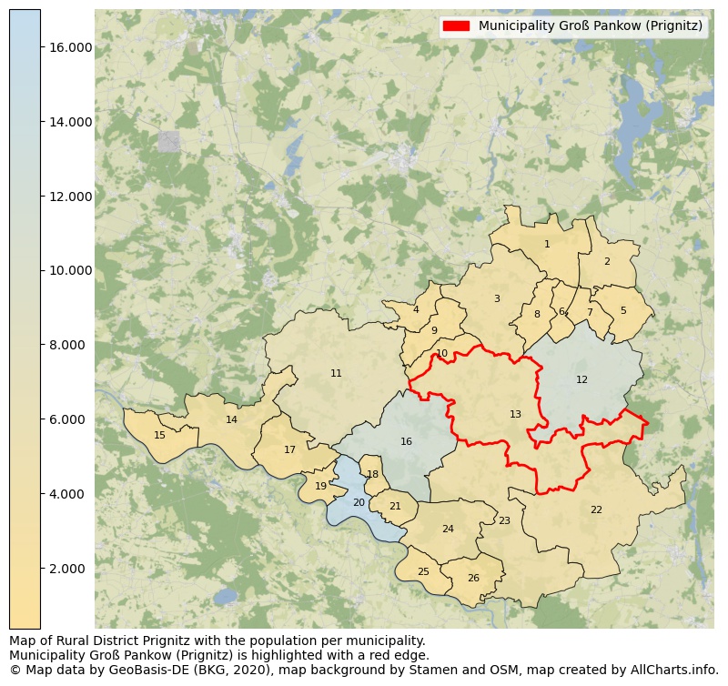 Map of Rural district Prignitz with the population per municipality.Municipality Groß Pankow (Prignitz) is highlighted with a red edge.. This page shows a lot of information about residents (such as the distribution by age groups, family composition, gender, native or German with an immigration background, ...), homes (numbers, types, price development, use, type of property, ...) and more (car ownership, energy consumption, ...) based on open data from the German Federal Agency for Cartography, the Federal Statistical Office (DESTATIS), the Regional Statistical Offices and various other sources!