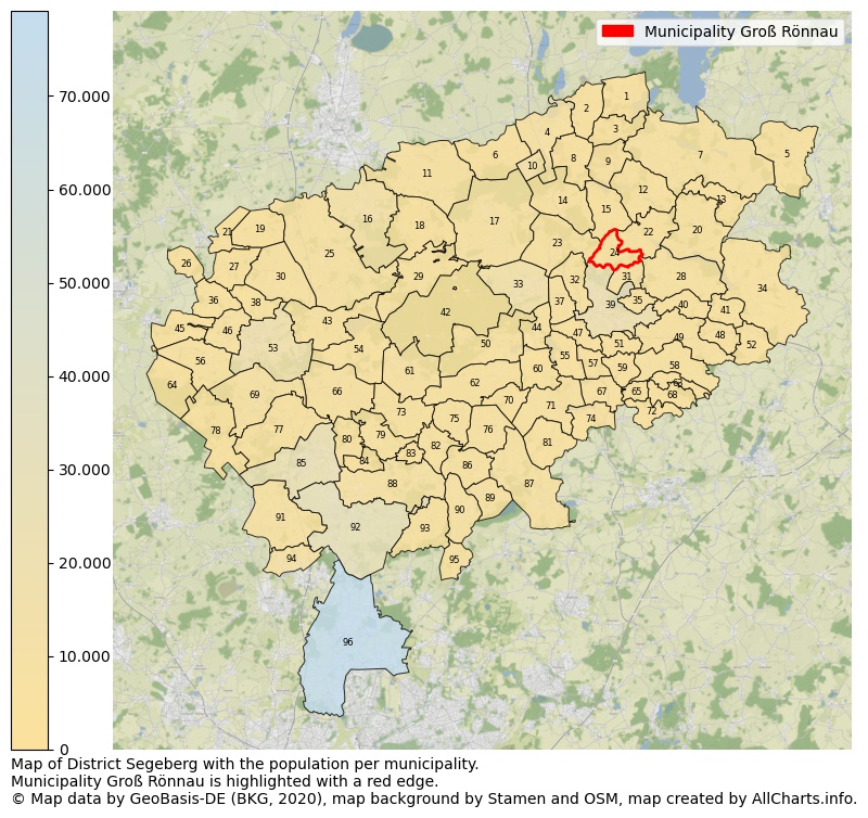 Map of District Segeberg with the population per municipality.Municipality Groß Rönnau is highlighted with a red edge.. This page shows a lot of information about residents (such as the distribution by age groups, family composition, gender, native or German with an immigration background, ...), homes (numbers, types, price development, use, type of property, ...) and more (car ownership, energy consumption, ...) based on open data from the German Federal Agency for Cartography, the Federal Statistical Office (DESTATIS), the Regional Statistical Offices and various other sources!