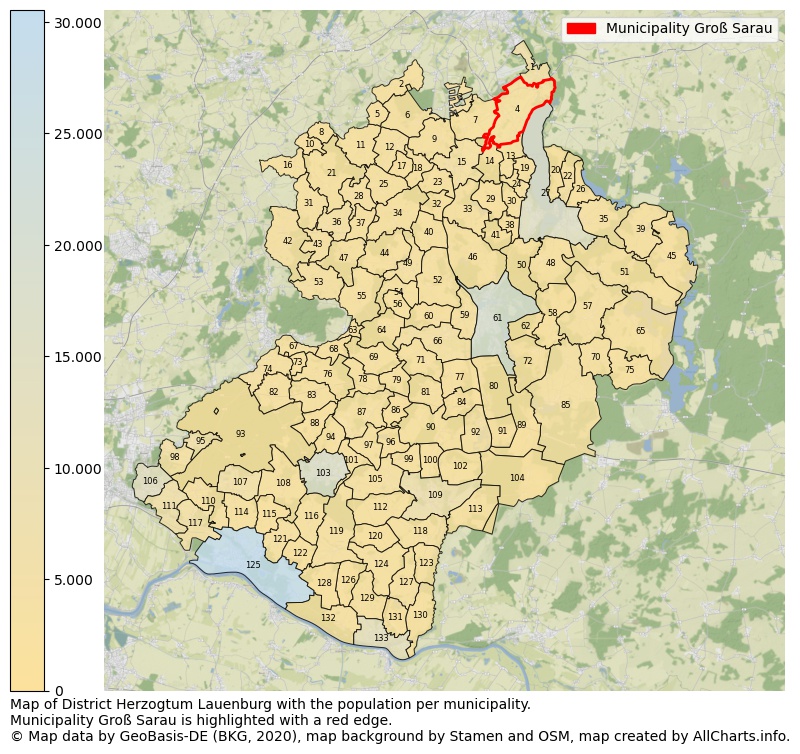 Map of District Herzogtum Lauenburg with the population per municipality.Municipality Groß Sarau is highlighted with a red edge.. This page shows a lot of information about residents (such as the distribution by age groups, family composition, gender, native or German with an immigration background, ...), homes (numbers, types, price development, use, type of property, ...) and more (car ownership, energy consumption, ...) based on open data from the German Federal Agency for Cartography, the Federal Statistical Office (DESTATIS), the Regional Statistical Offices and various other sources!