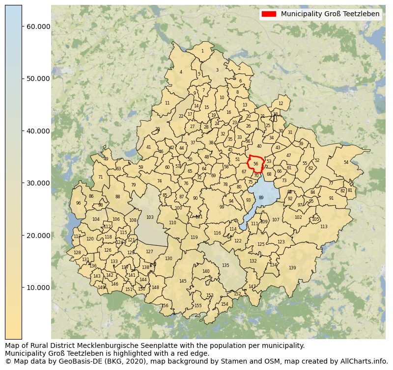 Map of Rural district Mecklenburgische Seenplatte with the population per municipality.Municipality Groß Teetzleben is highlighted with a red edge.. This page shows a lot of information about residents (such as the distribution by age groups, family composition, gender, native or German with an immigration background, ...), homes (numbers, types, price development, use, type of property, ...) and more (car ownership, energy consumption, ...) based on open data from the German Federal Agency for Cartography, the Federal Statistical Office (DESTATIS), the Regional Statistical Offices and various other sources!