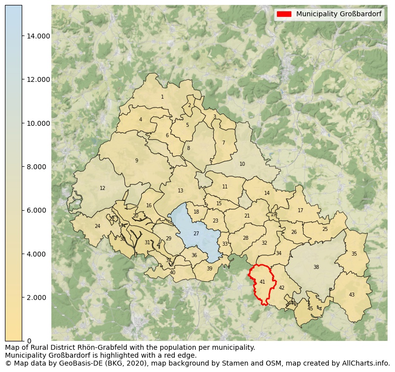 Map of Rural district Rhön-Grabfeld with the population per municipality.Municipality Großbardorf is highlighted with a red edge.. This page shows a lot of information about residents (such as the distribution by age groups, family composition, gender, native or German with an immigration background, ...), homes (numbers, types, price development, use, type of property, ...) and more (car ownership, energy consumption, ...) based on open data from the German Federal Agency for Cartography, the Federal Statistical Office (DESTATIS), the Regional Statistical Offices and various other sources!