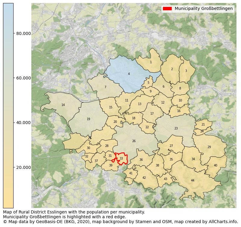 Map of Rural district Esslingen with the population per municipality.Municipality Großbettlingen is highlighted with a red edge.. This page shows a lot of information about residents (such as the distribution by age groups, family composition, gender, native or German with an immigration background, ...), homes (numbers, types, price development, use, type of property, ...) and more (car ownership, energy consumption, ...) based on open data from the German Federal Agency for Cartography, the Federal Statistical Office (DESTATIS), the Regional Statistical Offices and various other sources!