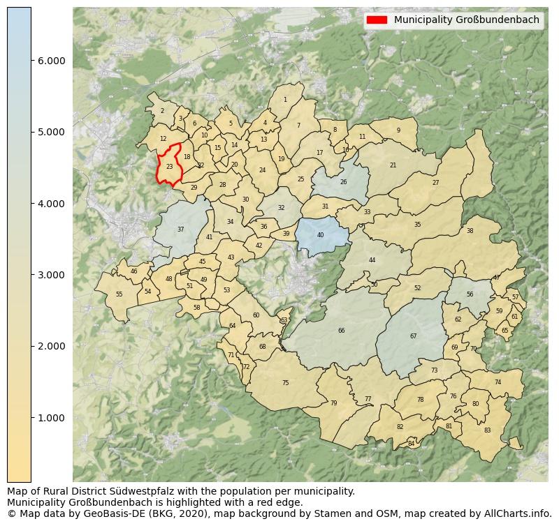 Map of Rural district Südwestpfalz with the population per municipality.Municipality Großbundenbach is highlighted with a red edge.. This page shows a lot of information about residents (such as the distribution by age groups, family composition, gender, native or German with an immigration background, ...), homes (numbers, types, price development, use, type of property, ...) and more (car ownership, energy consumption, ...) based on open data from the German Federal Agency for Cartography, the Federal Statistical Office (DESTATIS), the Regional Statistical Offices and various other sources!