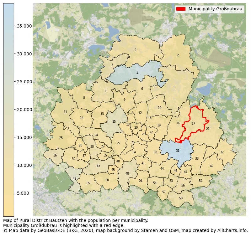 Map of Rural district Bautzen with the population per municipality.Municipality Großdubrau is highlighted with a red edge.. This page shows a lot of information about residents (such as the distribution by age groups, family composition, gender, native or German with an immigration background, ...), homes (numbers, types, price development, use, type of property, ...) and more (car ownership, energy consumption, ...) based on open data from the German Federal Agency for Cartography, the Federal Statistical Office (DESTATIS), the Regional Statistical Offices and various other sources!