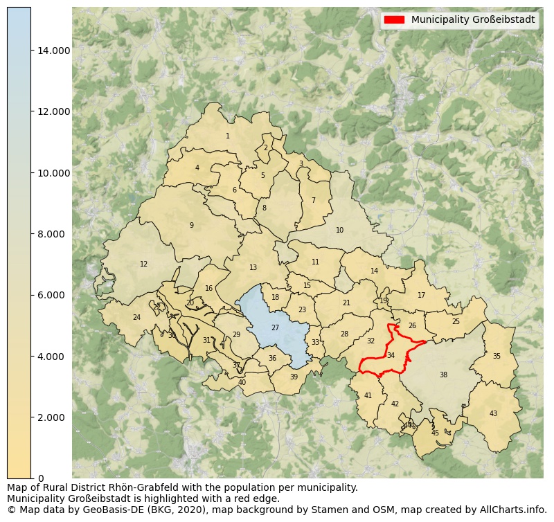 Map of Rural district Rhön-Grabfeld with the population per municipality.Municipality Großeibstadt is highlighted with a red edge.. This page shows a lot of information about residents (such as the distribution by age groups, family composition, gender, native or German with an immigration background, ...), homes (numbers, types, price development, use, type of property, ...) and more (car ownership, energy consumption, ...) based on open data from the German Federal Agency for Cartography, the Federal Statistical Office (DESTATIS), the Regional Statistical Offices and various other sources!