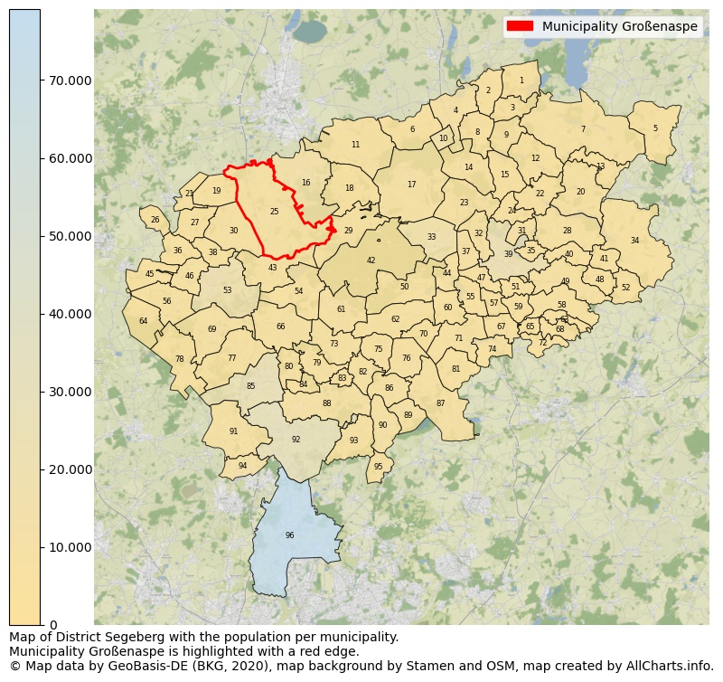 Map of District Segeberg with the population per municipality.Municipality Großenaspe is highlighted with a red edge.. This page shows a lot of information about residents (such as the distribution by age groups, family composition, gender, native or German with an immigration background, ...), homes (numbers, types, price development, use, type of property, ...) and more (car ownership, energy consumption, ...) based on open data from the German Federal Agency for Cartography, the Federal Statistical Office (DESTATIS), the Regional Statistical Offices and various other sources!