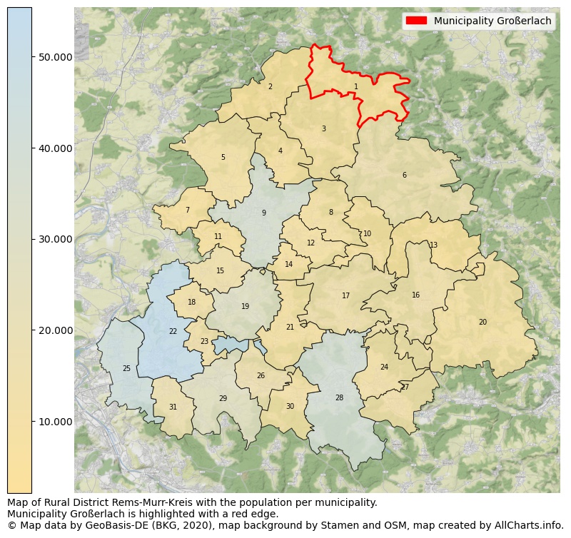 Map of Rural district Rems-Murr-Kreis with the population per municipality.Municipality Großerlach is highlighted with a red edge.. This page shows a lot of information about residents (such as the distribution by age groups, family composition, gender, native or German with an immigration background, ...), homes (numbers, types, price development, use, type of property, ...) and more (car ownership, energy consumption, ...) based on open data from the German Federal Agency for Cartography, the Federal Statistical Office (DESTATIS), the Regional Statistical Offices and various other sources!