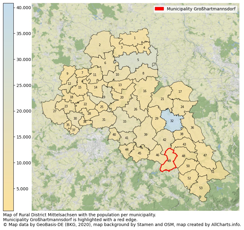 Map of Rural district Mittelsachsen with the population per municipality.Municipality Großhartmannsdorf is highlighted with a red edge.. This page shows a lot of information about residents (such as the distribution by age groups, family composition, gender, native or German with an immigration background, ...), homes (numbers, types, price development, use, type of property, ...) and more (car ownership, energy consumption, ...) based on open data from the German Federal Agency for Cartography, the Federal Statistical Office (DESTATIS), the Regional Statistical Offices and various other sources!