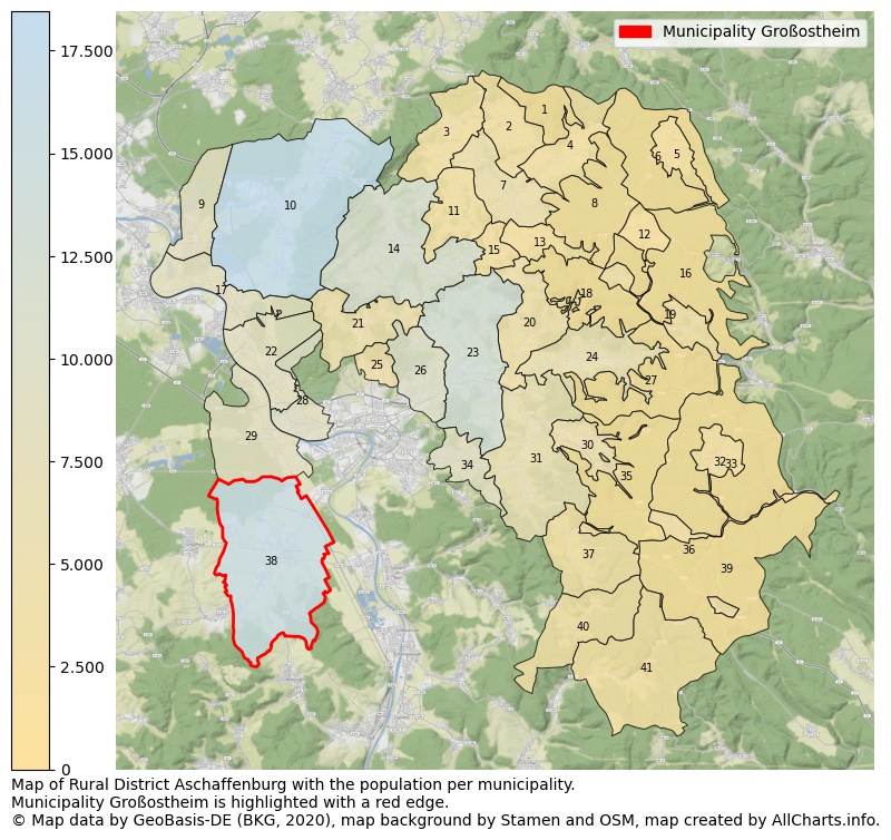 Map of Rural district Aschaffenburg with the population per municipality.Municipality Großostheim is highlighted with a red edge.. This page shows a lot of information about residents (such as the distribution by age groups, family composition, gender, native or German with an immigration background, ...), homes (numbers, types, price development, use, type of property, ...) and more (car ownership, energy consumption, ...) based on open data from the German Federal Agency for Cartography, the Federal Statistical Office (DESTATIS), the Regional Statistical Offices and various other sources!