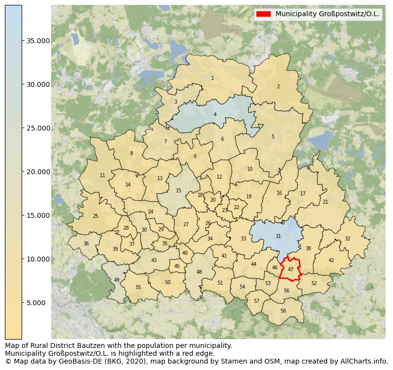 Map of Rural district Bautzen with the population per municipality.Municipality Großpostwitz/O.L. is highlighted with a red edge.. This page shows a lot of information about residents (such as the distribution by age groups, family composition, gender, native or German with an immigration background, ...), homes (numbers, types, price development, use, type of property, ...) and more (car ownership, energy consumption, ...) based on open data from the German Federal Agency for Cartography, the Federal Statistical Office (DESTATIS), the Regional Statistical Offices and various other sources!
