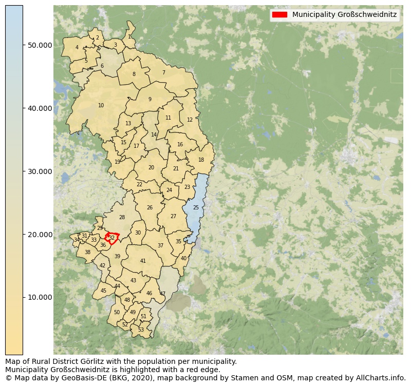 Map of Rural district Görlitz with the population per municipality.Municipality Großschweidnitz is highlighted with a red edge.. This page shows a lot of information about residents (such as the distribution by age groups, family composition, gender, native or German with an immigration background, ...), homes (numbers, types, price development, use, type of property, ...) and more (car ownership, energy consumption, ...) based on open data from the German Federal Agency for Cartography, the Federal Statistical Office (DESTATIS), the Regional Statistical Offices and various other sources!