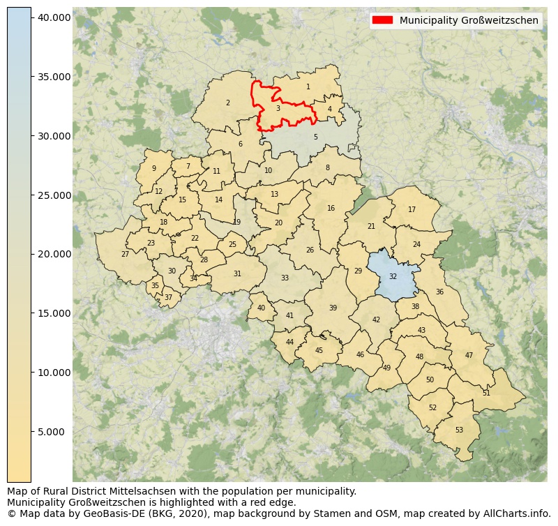 Map of Rural district Mittelsachsen with the population per municipality.Municipality Großweitzschen is highlighted with a red edge.. This page shows a lot of information about residents (such as the distribution by age groups, family composition, gender, native or German with an immigration background, ...), homes (numbers, types, price development, use, type of property, ...) and more (car ownership, energy consumption, ...) based on open data from the German Federal Agency for Cartography, the Federal Statistical Office (DESTATIS), the Regional Statistical Offices and various other sources!