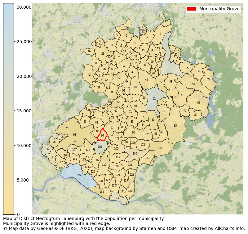 Map of District Herzogtum Lauenburg with the population per municipality.Municipality Grove is highlighted with a red edge.. This page shows a lot of information about residents (such as the distribution by age groups, family composition, gender, native or German with an immigration background, ...), homes (numbers, types, price development, use, type of property, ...) and more (car ownership, energy consumption, ...) based on open data from the German Federal Agency for Cartography, the Federal Statistical Office (DESTATIS), the Regional Statistical Offices and various other sources!