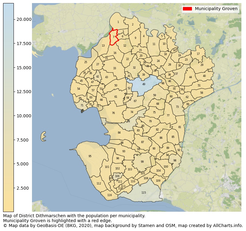 Map of District Dithmarschen with the population per municipality.Municipality Groven is highlighted with a red edge.. This page shows a lot of information about residents (such as the distribution by age groups, family composition, gender, native or German with an immigration background, ...), homes (numbers, types, price development, use, type of property, ...) and more (car ownership, energy consumption, ...) based on open data from the German Federal Agency for Cartography, the Federal Statistical Office (DESTATIS), the Regional Statistical Offices and various other sources!