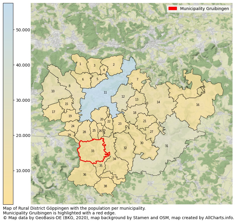 Map of Rural district Göppingen with the population per municipality.Municipality Gruibingen is highlighted with a red edge.. This page shows a lot of information about residents (such as the distribution by age groups, family composition, gender, native or German with an immigration background, ...), homes (numbers, types, price development, use, type of property, ...) and more (car ownership, energy consumption, ...) based on open data from the German Federal Agency for Cartography, the Federal Statistical Office (DESTATIS), the Regional Statistical Offices and various other sources!