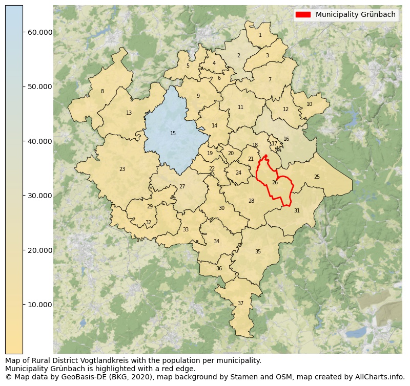 Map of Rural district Vogtlandkreis with the population per municipality.Municipality Grünbach is highlighted with a red edge.. This page shows a lot of information about residents (such as the distribution by age groups, family composition, gender, native or German with an immigration background, ...), homes (numbers, types, price development, use, type of property, ...) and more (car ownership, energy consumption, ...) based on open data from the German Federal Agency for Cartography, the Federal Statistical Office (DESTATIS), the Regional Statistical Offices and various other sources!