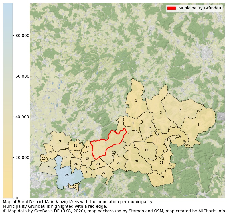 Map of Rural district Main-Kinzig-Kreis with the population per municipality.Municipality Gründau is highlighted with a red edge.. This page shows a lot of information about residents (such as the distribution by age groups, family composition, gender, native or German with an immigration background, ...), homes (numbers, types, price development, use, type of property, ...) and more (car ownership, energy consumption, ...) based on open data from the German Federal Agency for Cartography, the Federal Statistical Office (DESTATIS), the Regional Statistical Offices and various other sources!