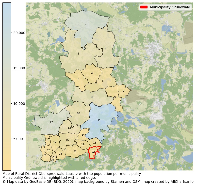 Map of Rural district Oberspreewald-Lausitz with the population per municipality.Municipality Grünewald is highlighted with a red edge.. This page shows a lot of information about residents (such as the distribution by age groups, family composition, gender, native or German with an immigration background, ...), homes (numbers, types, price development, use, type of property, ...) and more (car ownership, energy consumption, ...) based on open data from the German Federal Agency for Cartography, the Federal Statistical Office (DESTATIS), the Regional Statistical Offices and various other sources!