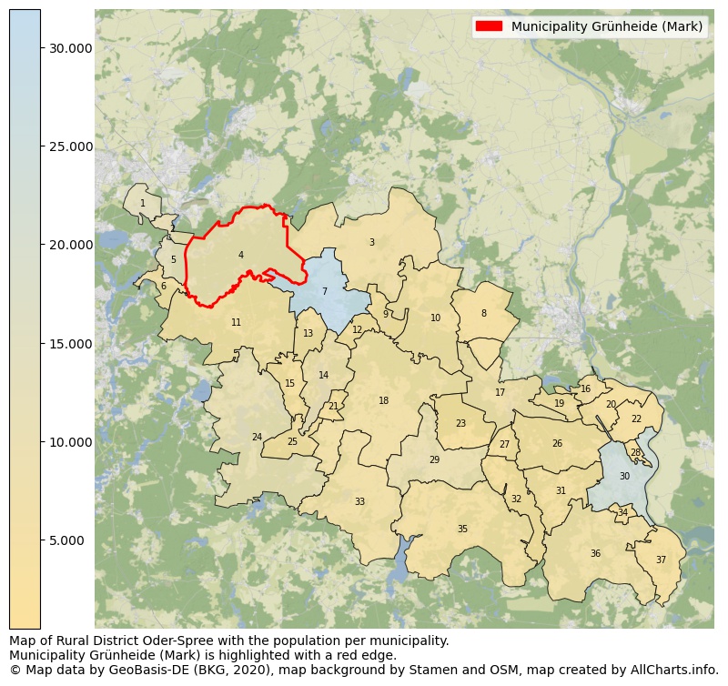 Map of Rural district Oder-Spree with the population per municipality.Municipality Grünheide (Mark) is highlighted with a red edge.. This page shows a lot of information about residents (such as the distribution by age groups, family composition, gender, native or German with an immigration background, ...), homes (numbers, types, price development, use, type of property, ...) and more (car ownership, energy consumption, ...) based on open data from the German Federal Agency for Cartography, the Federal Statistical Office (DESTATIS), the Regional Statistical Offices and various other sources!