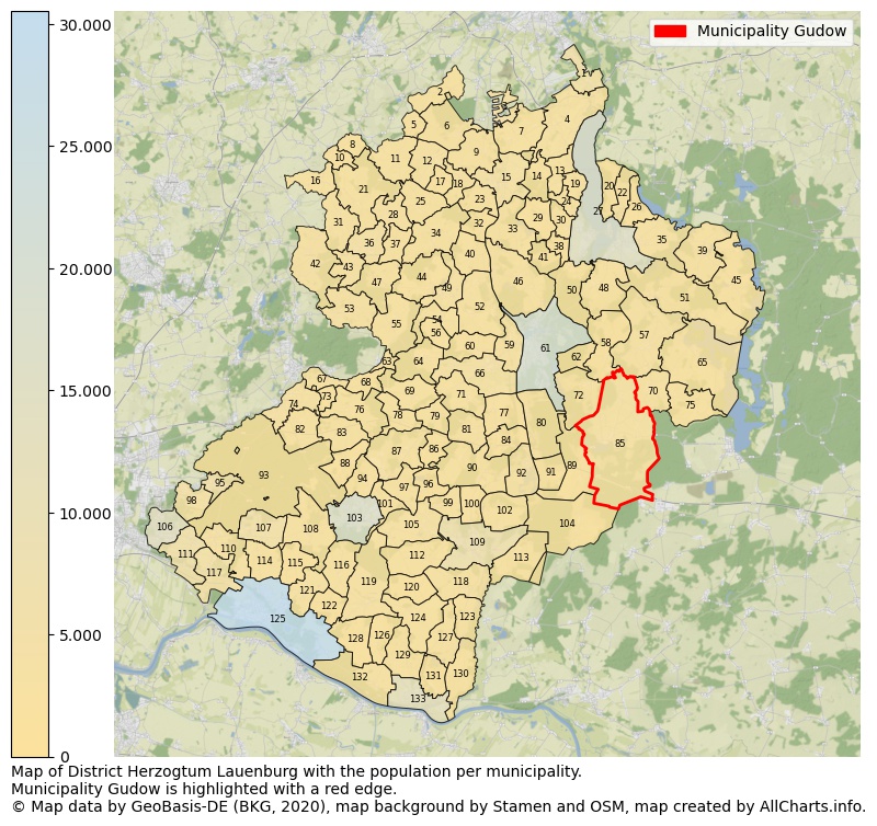 Map of District Herzogtum Lauenburg with the population per municipality.Municipality Gudow is highlighted with a red edge.. This page shows a lot of information about residents (such as the distribution by age groups, family composition, gender, native or German with an immigration background, ...), homes (numbers, types, price development, use, type of property, ...) and more (car ownership, energy consumption, ...) based on open data from the German Federal Agency for Cartography, the Federal Statistical Office (DESTATIS), the Regional Statistical Offices and various other sources!