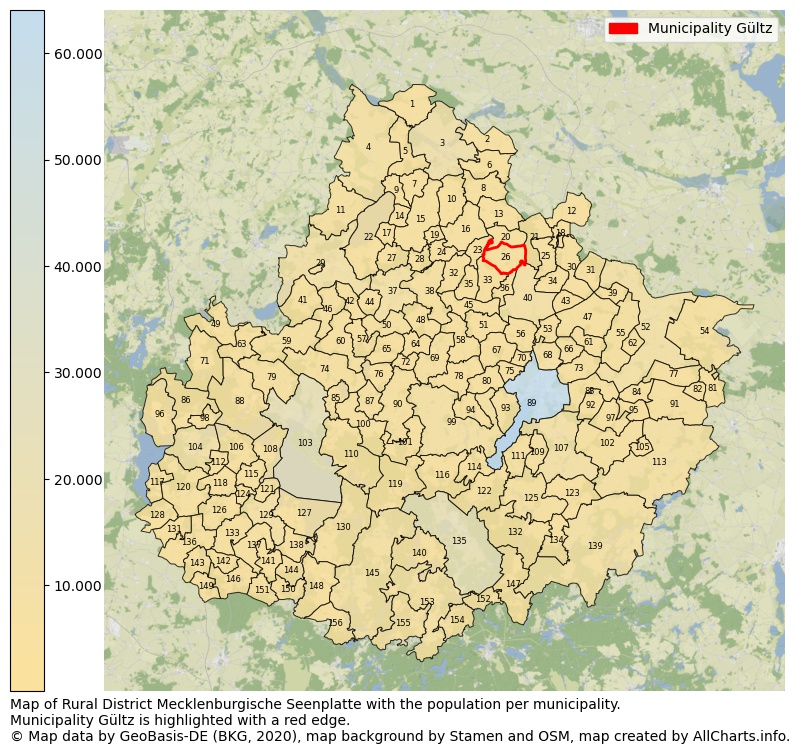 Map of Rural district Mecklenburgische Seenplatte with the population per municipality.Municipality Gültz is highlighted with a red edge.. This page shows a lot of information about residents (such as the distribution by age groups, family composition, gender, native or German with an immigration background, ...), homes (numbers, types, price development, use, type of property, ...) and more (car ownership, energy consumption, ...) based on open data from the German Federal Agency for Cartography, the Federal Statistical Office (DESTATIS), the Regional Statistical Offices and various other sources!