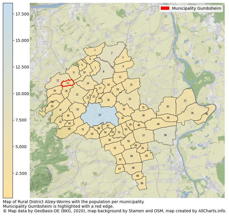 Map of Rural district Alzey-Worms with the population per municipality.Municipality Gumbsheim is highlighted with a red edge.. This page shows a lot of information about residents (such as the distribution by age groups, family composition, gender, native or German with an immigration background, ...), homes (numbers, types, price development, use, type of property, ...) and more (car ownership, energy consumption, ...) based on open data from the German Federal Agency for Cartography, the Federal Statistical Office (DESTATIS), the Regional Statistical Offices and various other sources!