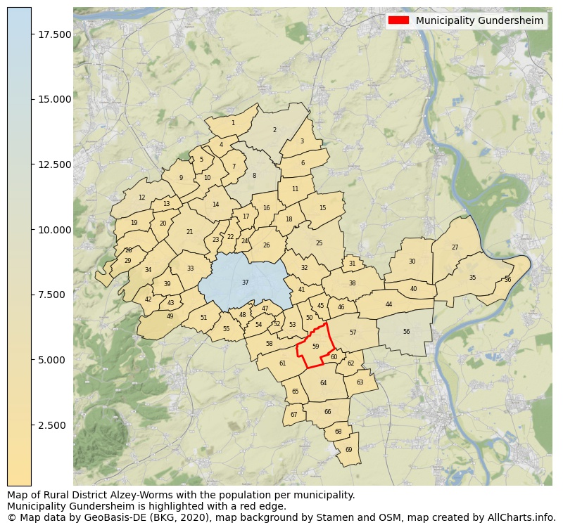 Map of Rural district Alzey-Worms with the population per municipality.Municipality Gundersheim is highlighted with a red edge.. This page shows a lot of information about residents (such as the distribution by age groups, family composition, gender, native or German with an immigration background, ...), homes (numbers, types, price development, use, type of property, ...) and more (car ownership, energy consumption, ...) based on open data from the German Federal Agency for Cartography, the Federal Statistical Office (DESTATIS), the Regional Statistical Offices and various other sources!