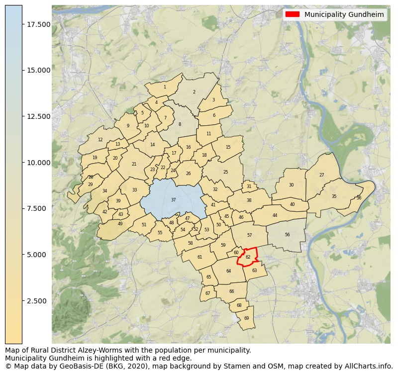 Map of Rural district Alzey-Worms with the population per municipality.Municipality Gundheim is highlighted with a red edge.. This page shows a lot of information about residents (such as the distribution by age groups, family composition, gender, native or German with an immigration background, ...), homes (numbers, types, price development, use, type of property, ...) and more (car ownership, energy consumption, ...) based on open data from the German Federal Agency for Cartography, the Federal Statistical Office (DESTATIS), the Regional Statistical Offices and various other sources!