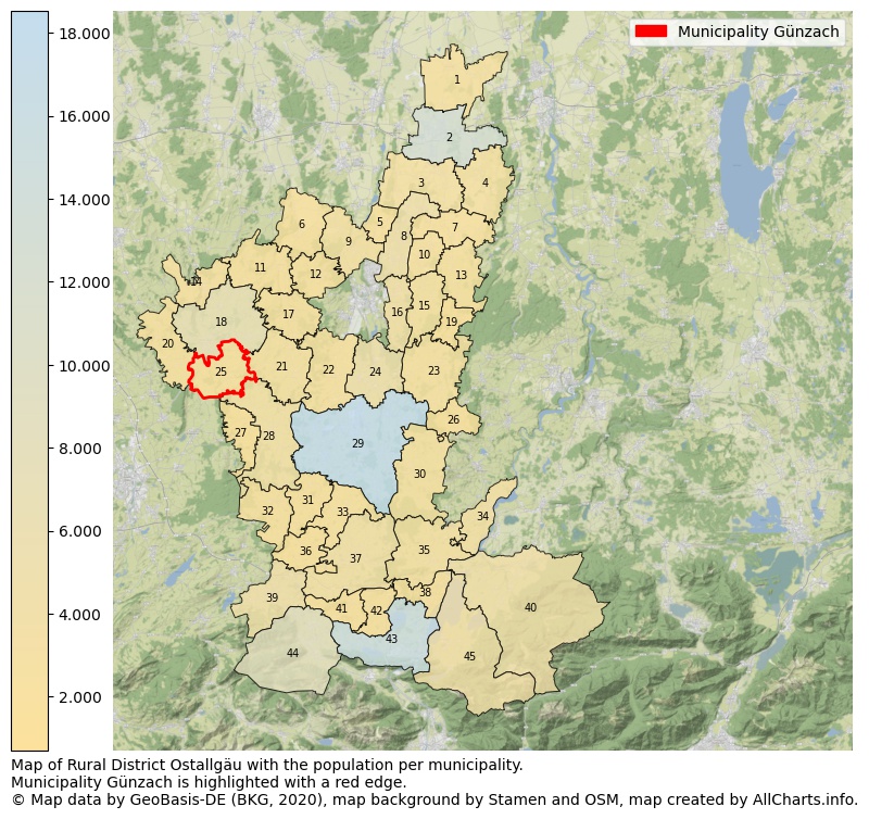 Map of Rural district Ostallgäu with the population per municipality.Municipality Günzach is highlighted with a red edge.. This page shows a lot of information about residents (such as the distribution by age groups, family composition, gender, native or German with an immigration background, ...), homes (numbers, types, price development, use, type of property, ...) and more (car ownership, energy consumption, ...) based on open data from the German Federal Agency for Cartography, the Federal Statistical Office (DESTATIS), the Regional Statistical Offices and various other sources!