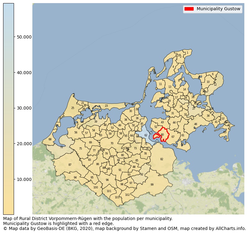 Map of Rural district Vorpommern-Rügen with the population per municipality.Municipality Gustow is highlighted with a red edge.. This page shows a lot of information about residents (such as the distribution by age groups, family composition, gender, native or German with an immigration background, ...), homes (numbers, types, price development, use, type of property, ...) and more (car ownership, energy consumption, ...) based on open data from the German Federal Agency for Cartography, the Federal Statistical Office (DESTATIS), the Regional Statistical Offices and various other sources!