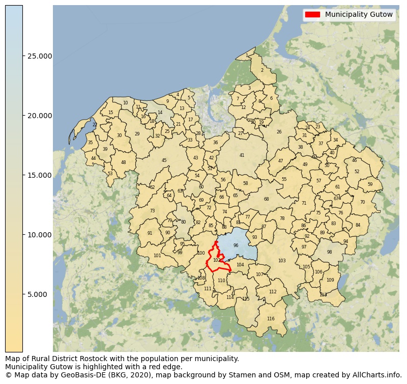Map of Rural district Rostock with the population per municipality.Municipality Gutow is highlighted with a red edge.. This page shows a lot of information about residents (such as the distribution by age groups, family composition, gender, native or German with an immigration background, ...), homes (numbers, types, price development, use, type of property, ...) and more (car ownership, energy consumption, ...) based on open data from the German Federal Agency for Cartography, the Federal Statistical Office (DESTATIS), the Regional Statistical Offices and various other sources!