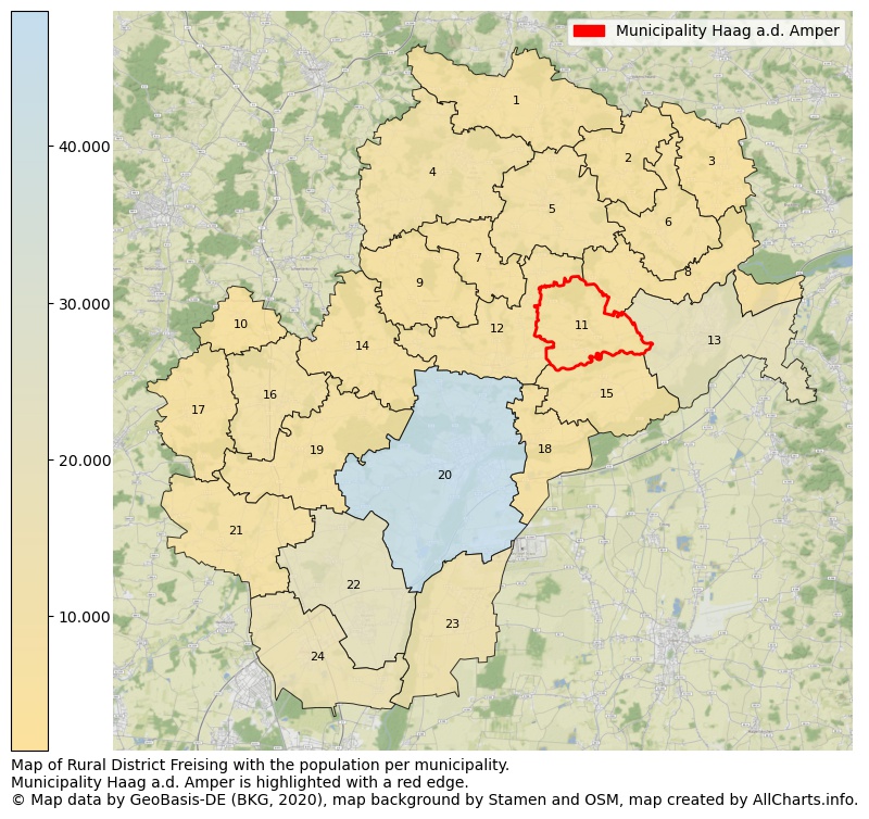 Map of Rural district Freising with the population per municipality.Municipality Haag a.d. Amper is highlighted with a red edge.. This page shows a lot of information about residents (such as the distribution by age groups, family composition, gender, native or German with an immigration background, ...), homes (numbers, types, price development, use, type of property, ...) and more (car ownership, energy consumption, ...) based on open data from the German Federal Agency for Cartography, the Federal Statistical Office (DESTATIS), the Regional Statistical Offices and various other sources!