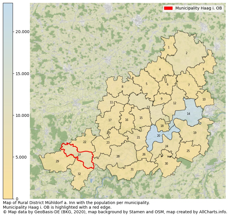 Map of Rural district Mühldorf a. Inn with the population per municipality.Municipality Haag i. OB is highlighted with a red edge.. This page shows a lot of information about residents (such as the distribution by age groups, family composition, gender, native or German with an immigration background, ...), homes (numbers, types, price development, use, type of property, ...) and more (car ownership, energy consumption, ...) based on open data from the German Federal Agency for Cartography, the Federal Statistical Office (DESTATIS), the Regional Statistical Offices and various other sources!