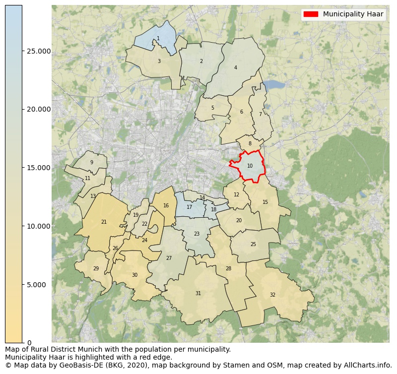 Map of Rural district Munich with the population per municipality.Municipality Haar is highlighted with a red edge.. This page shows a lot of information about residents (such as the distribution by age groups, family composition, gender, native or German with an immigration background, ...), homes (numbers, types, price development, use, type of property, ...) and more (car ownership, energy consumption, ...) based on open data from the German Federal Agency for Cartography, the Federal Statistical Office (DESTATIS), the Regional Statistical Offices and various other sources!