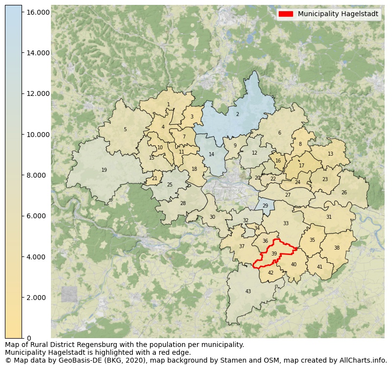 Map of Rural district Regensburg with the population per municipality.Municipality Hagelstadt is highlighted with a red edge.. This page shows a lot of information about residents (such as the distribution by age groups, family composition, gender, native or German with an immigration background, ...), homes (numbers, types, price development, use, type of property, ...) and more (car ownership, energy consumption, ...) based on open data from the German Federal Agency for Cartography, the Federal Statistical Office (DESTATIS), the Regional Statistical Offices and various other sources!