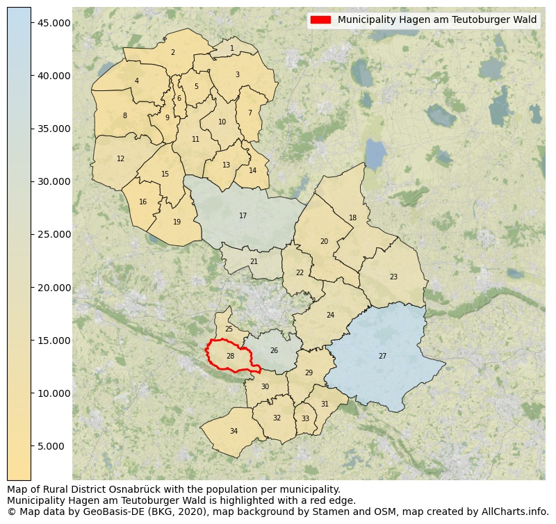 Map of Rural district Osnabrück with the population per municipality.Municipality Hagen am Teutoburger Wald is highlighted with a red edge.. This page shows a lot of information about residents (such as the distribution by age groups, family composition, gender, native or German with an immigration background, ...), homes (numbers, types, price development, use, type of property, ...) and more (car ownership, energy consumption, ...) based on open data from the German Federal Agency for Cartography, the Federal Statistical Office (DESTATIS), the Regional Statistical Offices and various other sources!