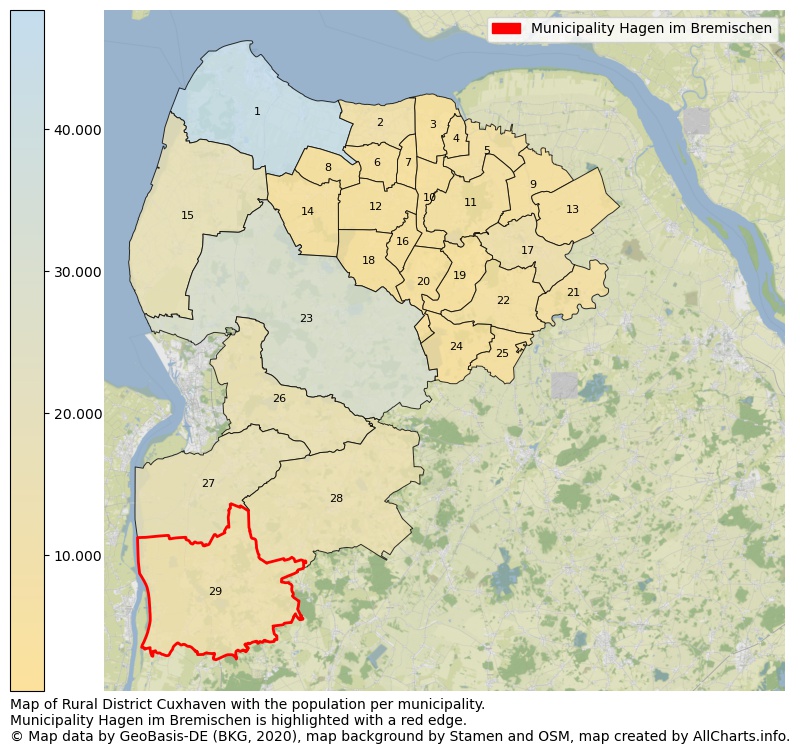 Map of Rural district Cuxhaven with the population per municipality.Municipality Hagen im Bremischen is highlighted with a red edge.. This page shows a lot of information about residents (such as the distribution by age groups, family composition, gender, native or German with an immigration background, ...), homes (numbers, types, price development, use, type of property, ...) and more (car ownership, energy consumption, ...) based on open data from the German Federal Agency for Cartography, the Federal Statistical Office (DESTATIS), the Regional Statistical Offices and various other sources!