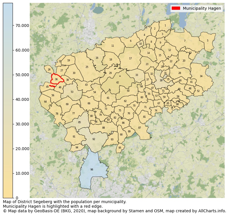 Map of District Segeberg with the population per municipality.Municipality Hagen is highlighted with a red edge.. This page shows a lot of information about residents (such as the distribution by age groups, family composition, gender, native or German with an immigration background, ...), homes (numbers, types, price development, use, type of property, ...) and more (car ownership, energy consumption, ...) based on open data from the German Federal Agency for Cartography, the Federal Statistical Office (DESTATIS), the Regional Statistical Offices and various other sources!