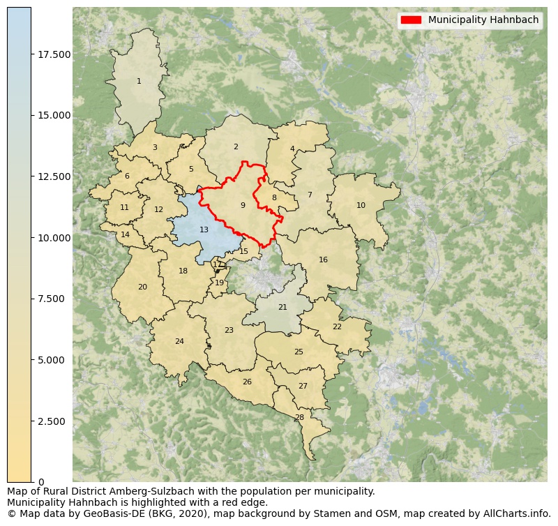 Map of Rural district Amberg-Sulzbach with the population per municipality.Municipality Hahnbach is highlighted with a red edge.. This page shows a lot of information about residents (such as the distribution by age groups, family composition, gender, native or German with an immigration background, ...), homes (numbers, types, price development, use, type of property, ...) and more (car ownership, energy consumption, ...) based on open data from the German Federal Agency for Cartography, the Federal Statistical Office (DESTATIS), the Regional Statistical Offices and various other sources!