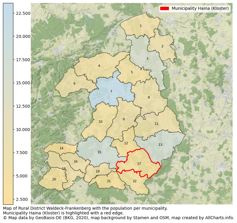 Map of Rural district Waldeck-Frankenberg with the population per municipality.Municipality Haina (Kloster) is highlighted with a red edge.. This page shows a lot of information about residents (such as the distribution by age groups, family composition, gender, native or German with an immigration background, ...), homes (numbers, types, price development, use, type of property, ...) and more (car ownership, energy consumption, ...) based on open data from the German Federal Agency for Cartography, the Federal Statistical Office (DESTATIS), the Regional Statistical Offices and various other sources!