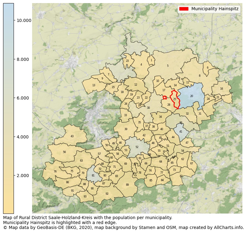 Map of Rural district Saale-Holzland-Kreis with the population per municipality.Municipality Hainspitz is highlighted with a red edge.. This page shows a lot of information about residents (such as the distribution by age groups, family composition, gender, native or German with an immigration background, ...), homes (numbers, types, price development, use, type of property, ...) and more (car ownership, energy consumption, ...) based on open data from the German Federal Agency for Cartography, the Federal Statistical Office (DESTATIS), the Regional Statistical Offices and various other sources!