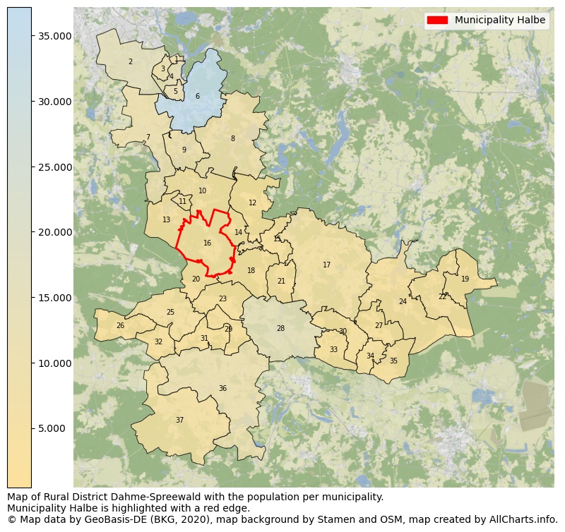 Map of Rural district Dahme-Spreewald with the population per municipality.Municipality Halbe is highlighted with a red edge.. This page shows a lot of information about residents (such as the distribution by age groups, family composition, gender, native or German with an immigration background, ...), homes (numbers, types, price development, use, type of property, ...) and more (car ownership, energy consumption, ...) based on open data from the German Federal Agency for Cartography, the Federal Statistical Office (DESTATIS), the Regional Statistical Offices and various other sources!
