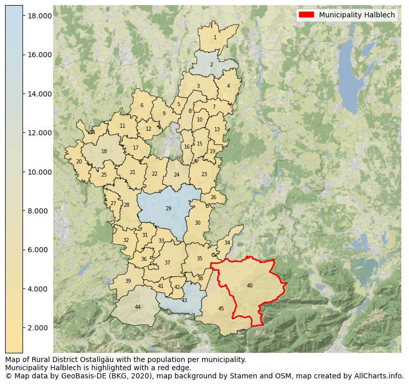 Map of Rural district Ostallgäu with the population per municipality.Municipality Halblech is highlighted with a red edge.. This page shows a lot of information about residents (such as the distribution by age groups, family composition, gender, native or German with an immigration background, ...), homes (numbers, types, price development, use, type of property, ...) and more (car ownership, energy consumption, ...) based on open data from the German Federal Agency for Cartography, the Federal Statistical Office (DESTATIS), the Regional Statistical Offices and various other sources!