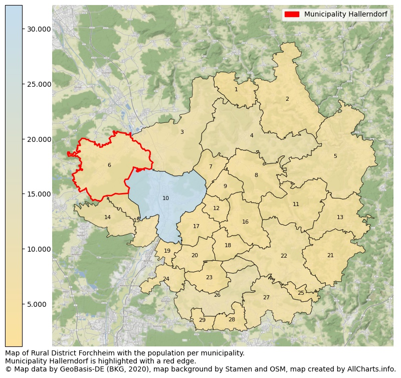 Map of Rural district Forchheim with the population per municipality.Municipality Hallerndorf is highlighted with a red edge.. This page shows a lot of information about residents (such as the distribution by age groups, family composition, gender, native or German with an immigration background, ...), homes (numbers, types, price development, use, type of property, ...) and more (car ownership, energy consumption, ...) based on open data from the German Federal Agency for Cartography, the Federal Statistical Office (DESTATIS), the Regional Statistical Offices and various other sources!