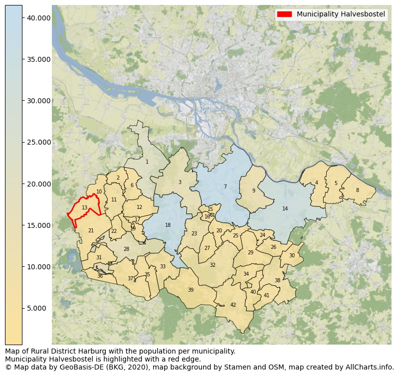 Map of Rural district Harburg with the population per municipality.Municipality Halvesbostel is highlighted with a red edge.. This page shows a lot of information about residents (such as the distribution by age groups, family composition, gender, native or German with an immigration background, ...), homes (numbers, types, price development, use, type of property, ...) and more (car ownership, energy consumption, ...) based on open data from the German Federal Agency for Cartography, the Federal Statistical Office (DESTATIS), the Regional Statistical Offices and various other sources!