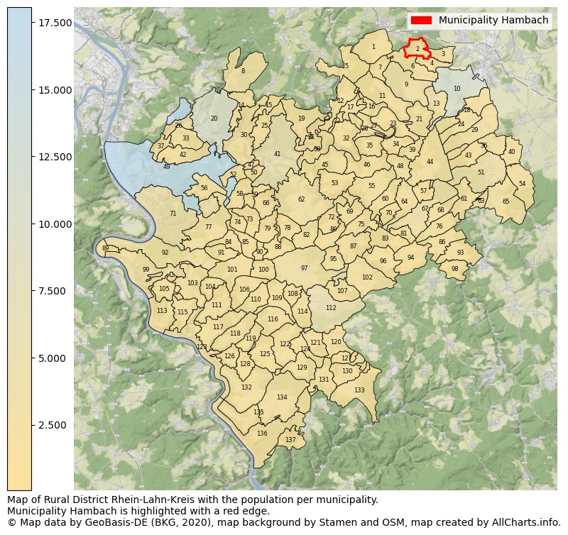 Map of Rural district Rhein-Lahn-Kreis with the population per municipality.Municipality Hambach is highlighted with a red edge.. This page shows a lot of information about residents (such as the distribution by age groups, family composition, gender, native or German with an immigration background, ...), homes (numbers, types, price development, use, type of property, ...) and more (car ownership, energy consumption, ...) based on open data from the German Federal Agency for Cartography, the Federal Statistical Office (DESTATIS), the Regional Statistical Offices and various other sources!